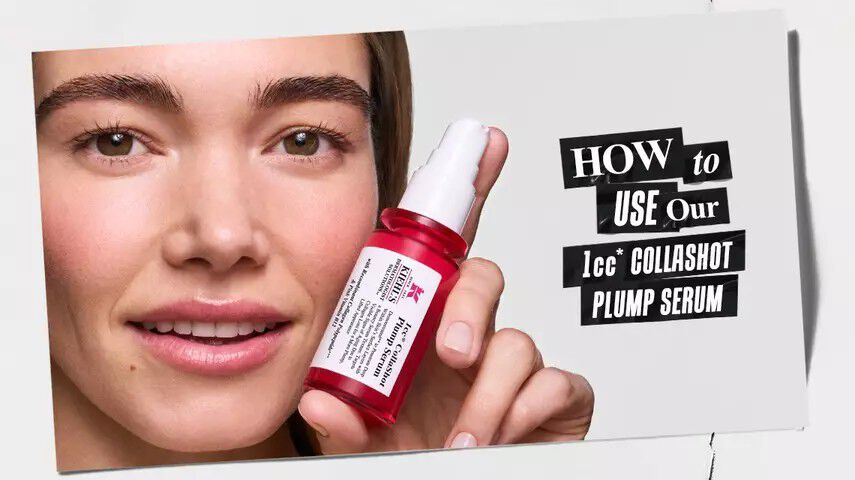 A model holding a red bottle of Kiehl's Hydro-Plumping Serum. Text reads: "HOW to USE Our 1cc CollaShot Plump Serum," focusing on product application guidance.