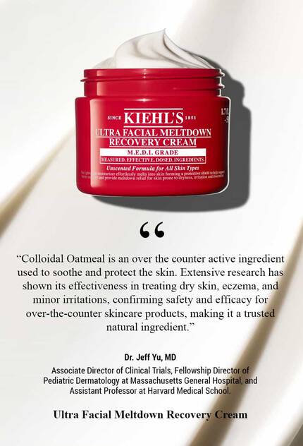 Kiehl’s Ultra Facial Meltdown Recovery Cream in a red jar with visible cream texture, alongside a quote from dermatologist Dr. Jeff Yu highlighting the soothing and protective benefits of colloidal oatmeal for dry and irritated skin.