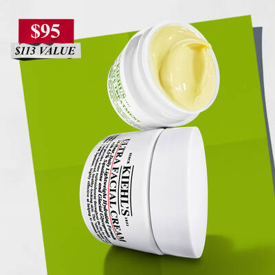 Kiehl's skincare set featuring full-size retinol serum and multi-corrective cream, alongside an eye treatment. Promotional elements indicate price and value.