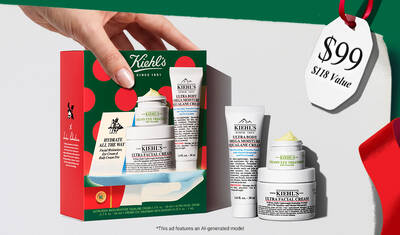 A Kiehl's holiday gift set featuring Ultra Facial Cream, Ultra Body Mega Moisture Squalane Cream, and Creamy Eye Treatment with Avocado, displayed with a festive price tag.​