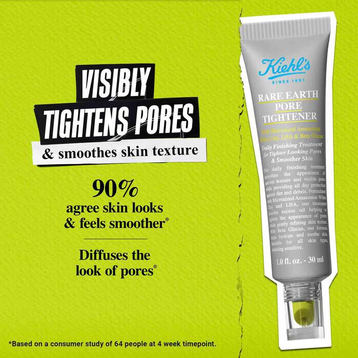 A graphic titled "Visibly Tightens Pores & smoothes skin texture" featuring a tube of Kiehl’s Rare Earth Pore Tightener on a lime green background. Text highlights, "90% agree skin looks & feels smoother" and "Diffuses the look of pores." 