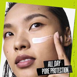 A graphic titled "All Day Pore Protection" featuring a blurred image of a person applying the product.