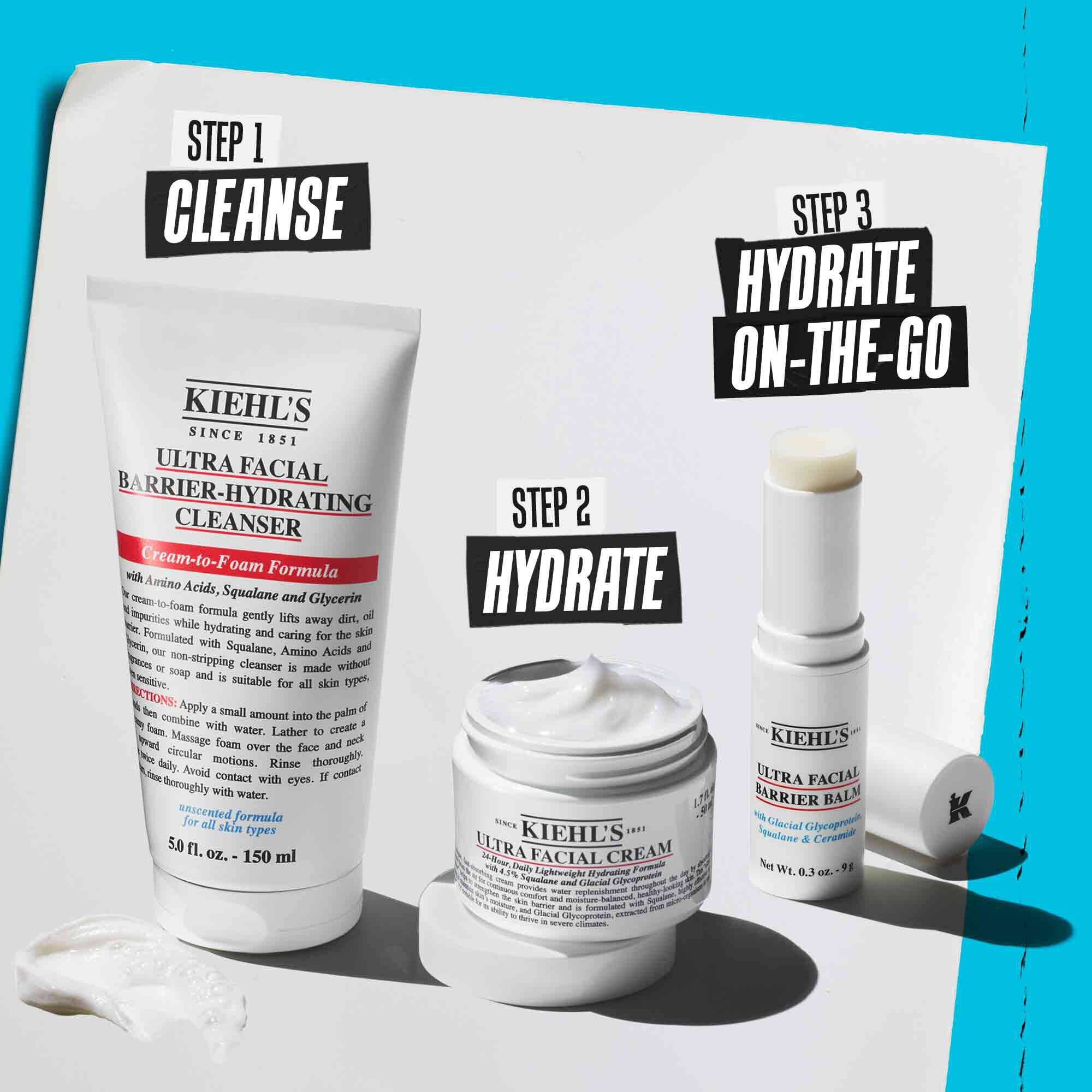  Step 1 Kiehl's Ultra Facial Barrier- Hydrating Cleanser Step 2 Ultra Facial Cream Step 3 Ultra Facial Barrier Balm ​