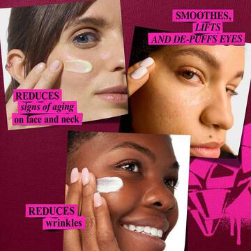 A graphic titled "RECOMMENDED ORDER OF USE" displays three Kiehl's skincare products against a dark purple background with bright pink graphic elements on the right: a smaller purple jar of "Kiehl's Super Multi-Corrective Eye Zone Treatment" for "STEP 1 Visibly Lift and Brighten Undereye Area", a white and purple bottle of "Kiehl's Retinol Skin-Renewing Daily Micro-Dose Serum" for "STEP 2 Visibly Reduce Wrinkles", and a larger purple jar of "Kiehl's Super Multi-Corrective Cream" for "STEP 3 Boost Radiance and Elasticity".