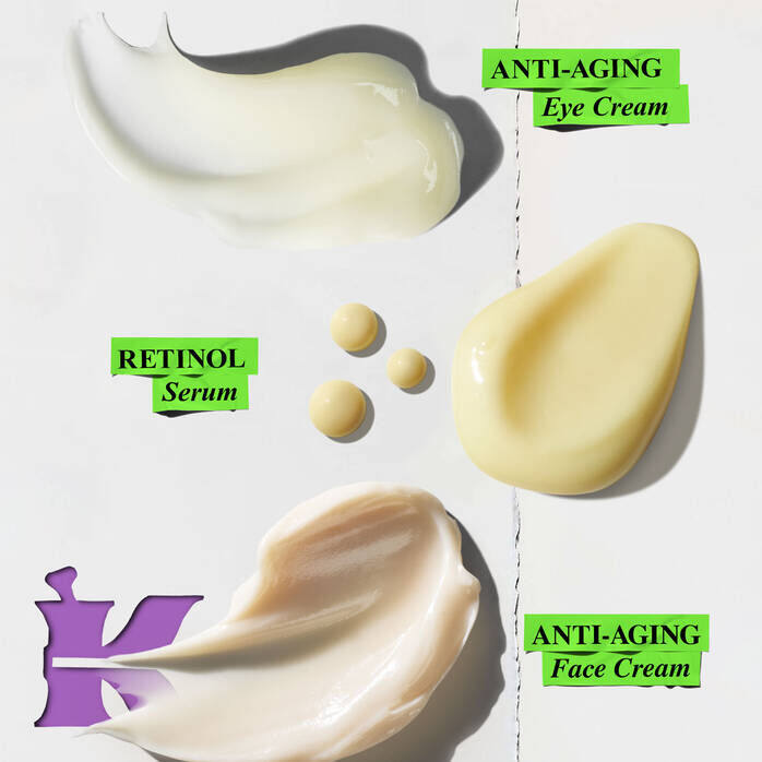 Swatches of Kiehl's Anti-Aging Eye Cream, Retinol Serum, and Anti-Aging Face Cream, featuring the "K" logo.