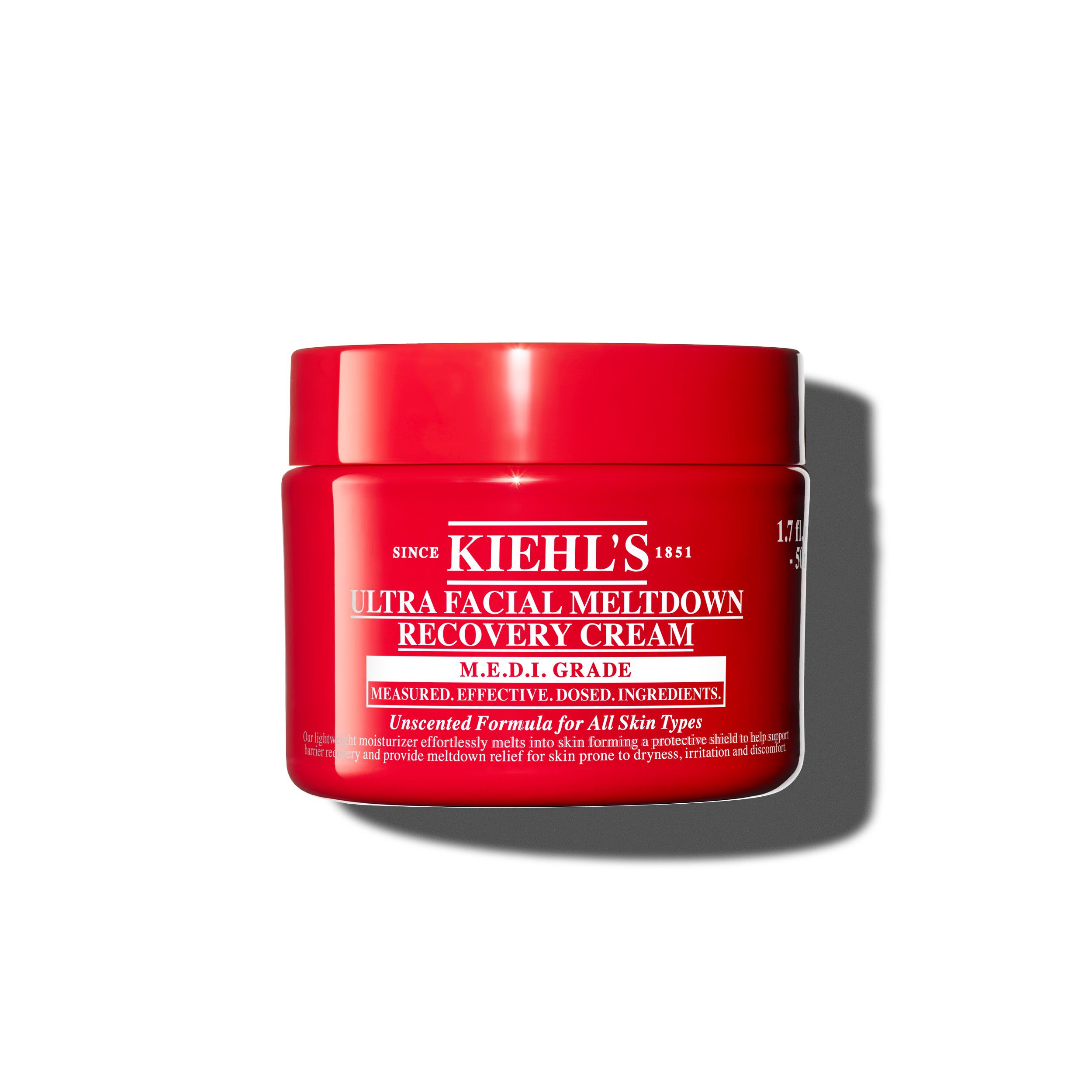 Red jar of Kiehl’s Ultra Facial Meltdown Recovery Cream, a lightweight medicated facial cream designed to comfort, hydrate, and help repair extremely dry and sensitive skin