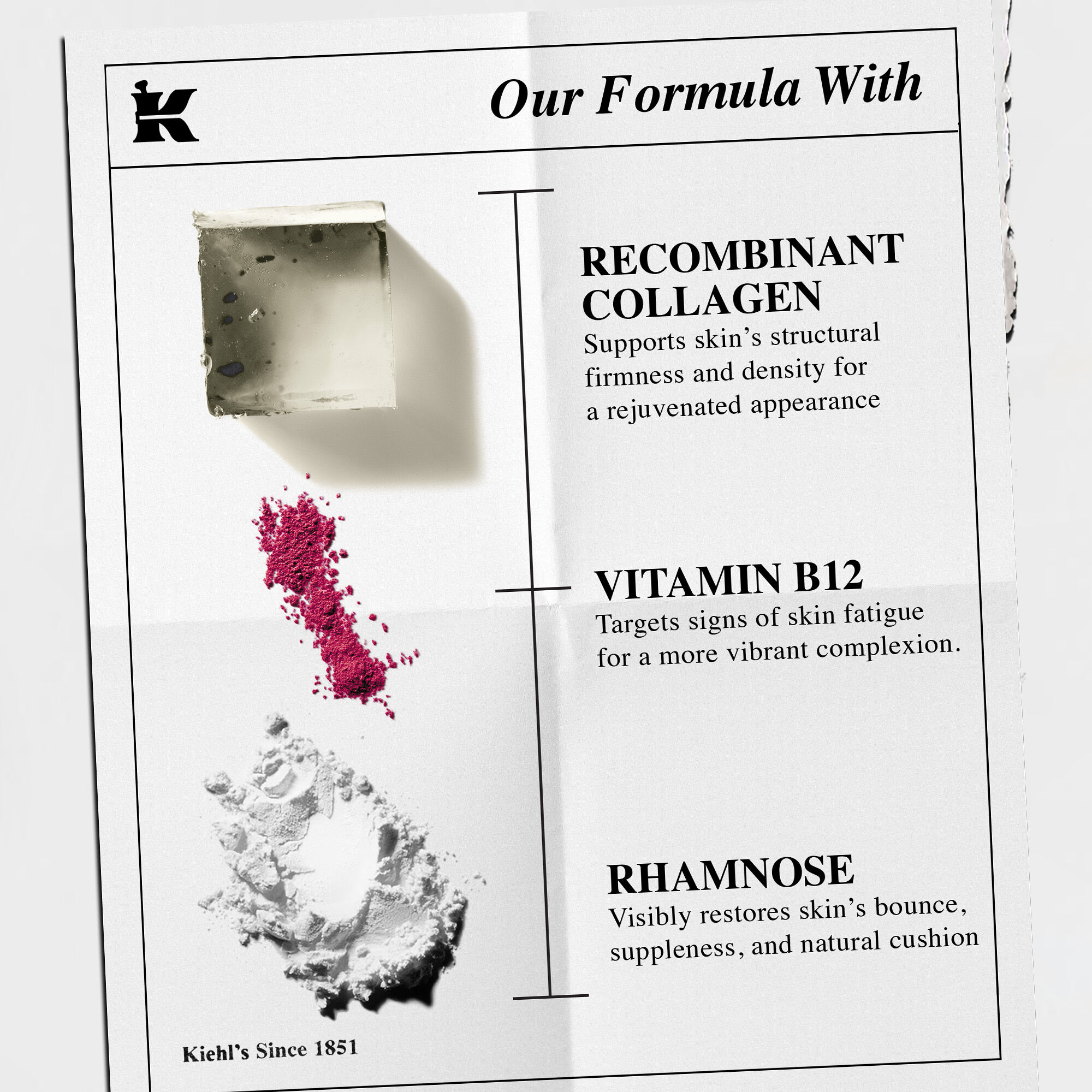 Details of Kiehl’s key ingredients: Recombinant Collagen Polypeptides, Vitamin B12 (pink colorant), and Rhamnose (anti-aging). Each ingredient lists the purpose and shows texture.​
