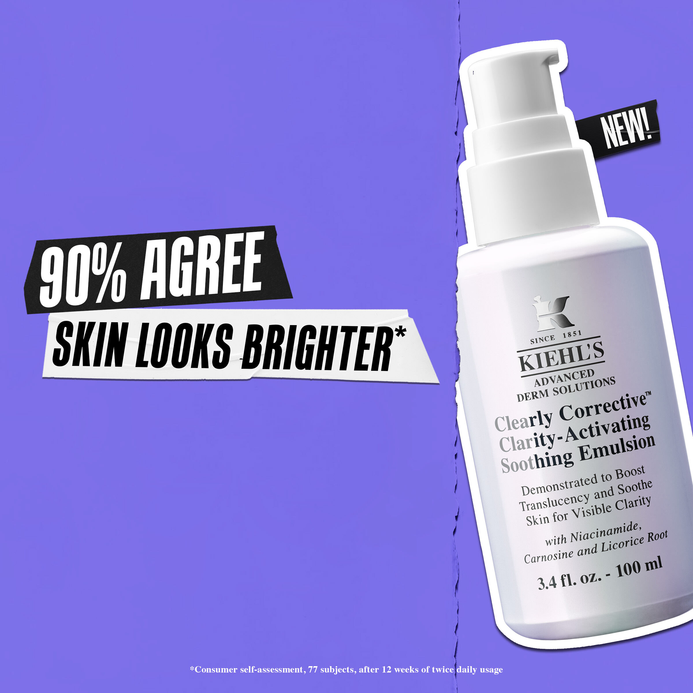 Kiehl’s Emulsion  bottle with New! Text and +XX% Overall Clarity in One Week claim
