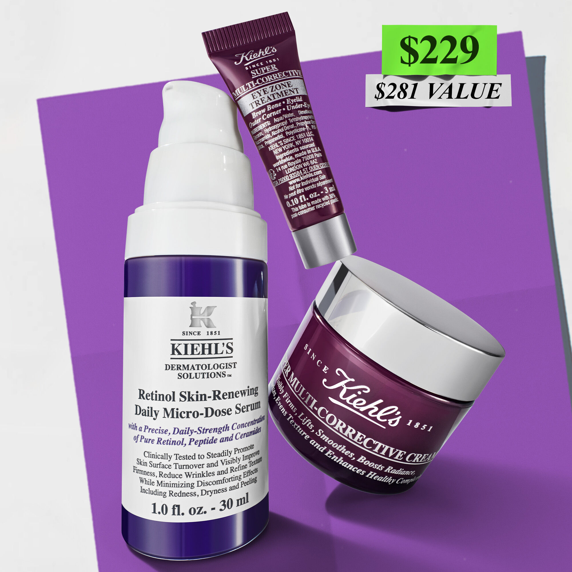 Kiehl's anti-aging set with retinol serum, eye cream, and multi-corrective cream, advertised with promotional pricing and value.
