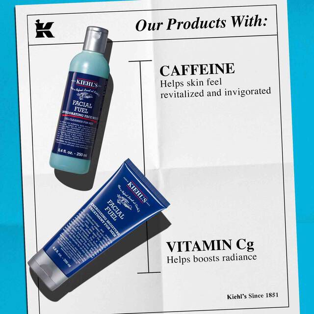 Kiehl's Facial Fuel Invigorating Face Wash and Energizing Moisture Treatment for Men, highlighting key ingredients Caffeine for revitalization and Vitamin Cg for radiance.