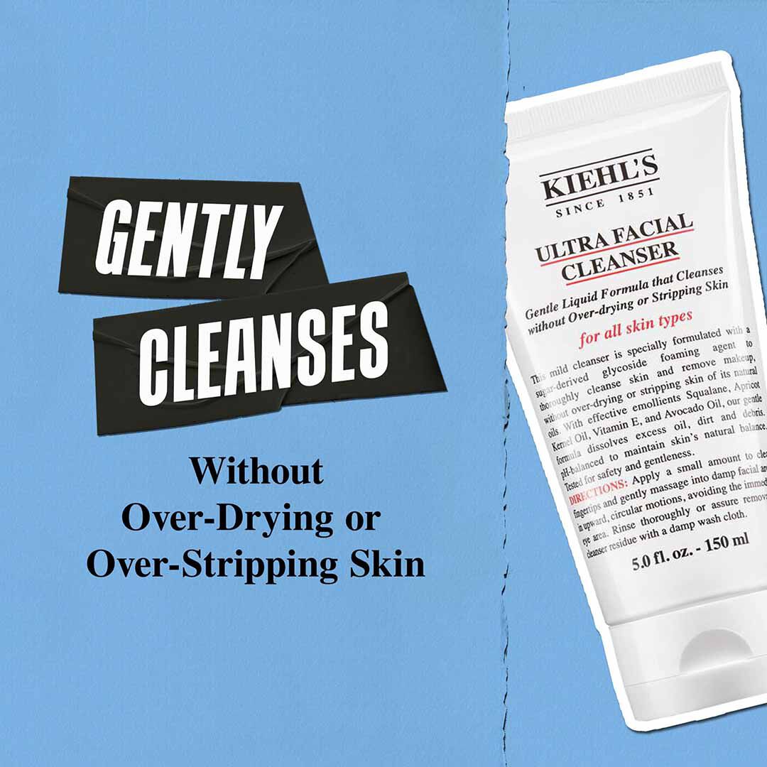 Kiehl’s Ultra Facial Cleanser displayed beside text highlighting its gentle cleansing without over‑drying or over‑stripping the skin. 