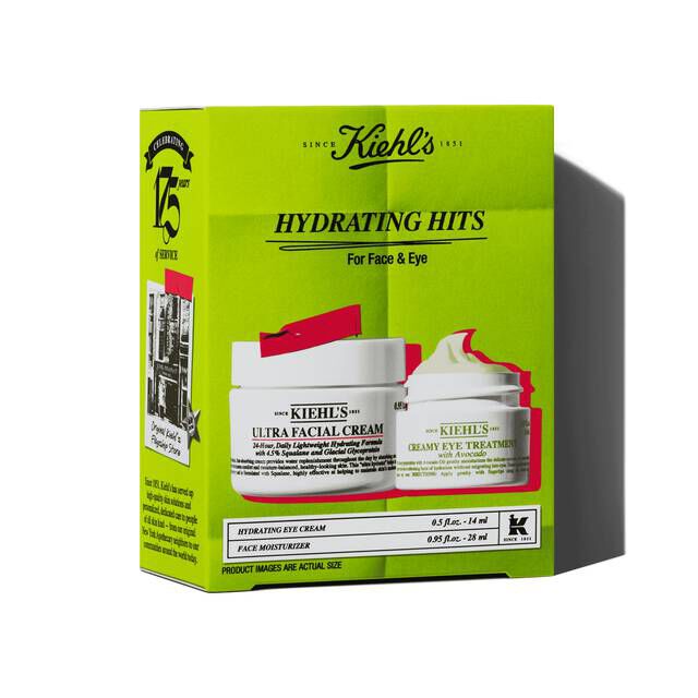 Kiehl's "Hydrating Hits" gift set for face and eye, featuring Ultra Facial Cream and another hydrating cream.