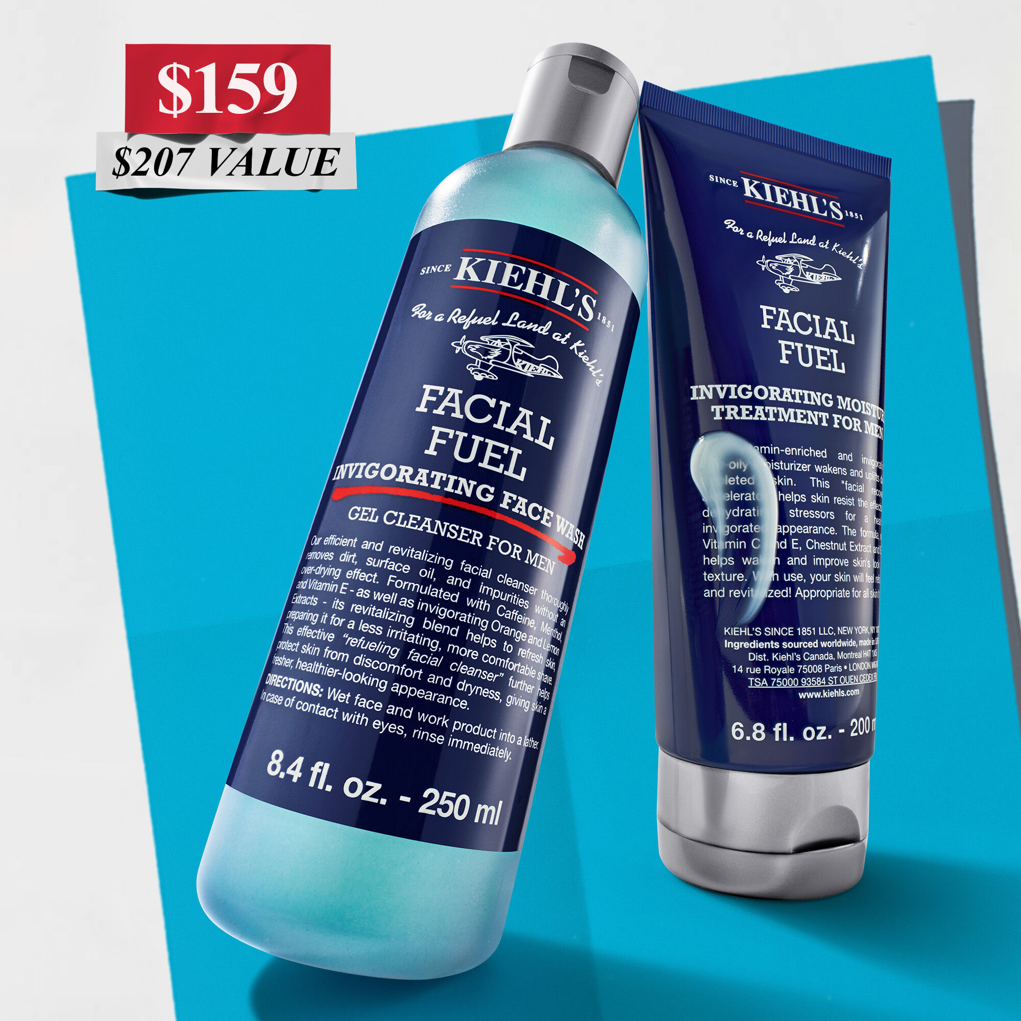 – Kiehl's Facial Fuel Invigorating Face Wash and Energizing Moisture Treatment for Men, displayed with promotional pricing and value.