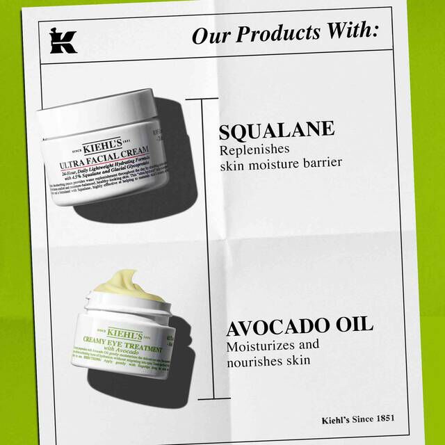 Kiehl's products, Ultra Facial Cream and Creamy Eye Treatment with Avocado, highlighting Squalane for skin barrier and Avocado Oil for moisturization