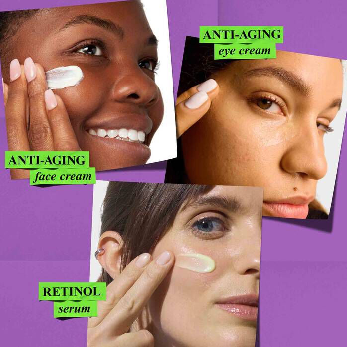 Three people apply Kiehl's anti-aging face cream, eye cream, and retinol serum to their skin, highlighting product usage for an anti-aging regimen.