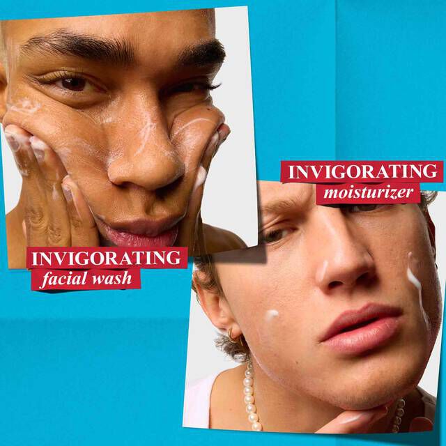 Two men demonstrating Kiehl's Facial Fuel products: one using invigorating facial wash, the other applying invigorating moisturizer for men.