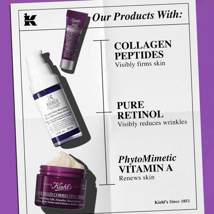 Kiehl's products with Collagen Peptides, Pure Retinol, and PhytoMimetic Vitamin A, featured alongside eye cream, retinol serum, and multi-corrective cream.