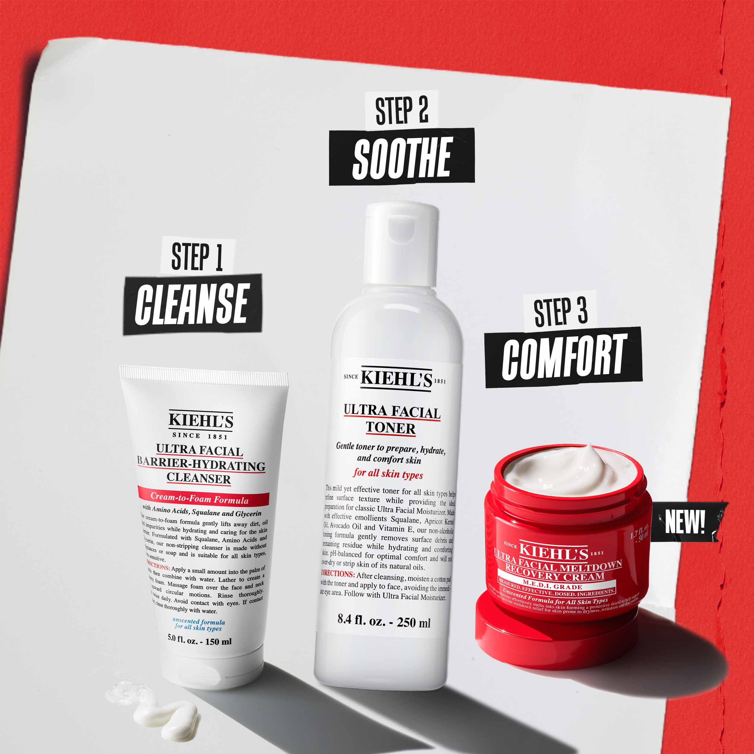 Three Kiehl’s skincare products labeled as a routine: Step 1 Cleanse (Ultra Facial Barrier-Hydrating Cleanser), Step 2 Recover (Ultra Facial Meltdown Recovery Cream), and Step 3 Protect (Better Screen UV Serum) on a white and red background.