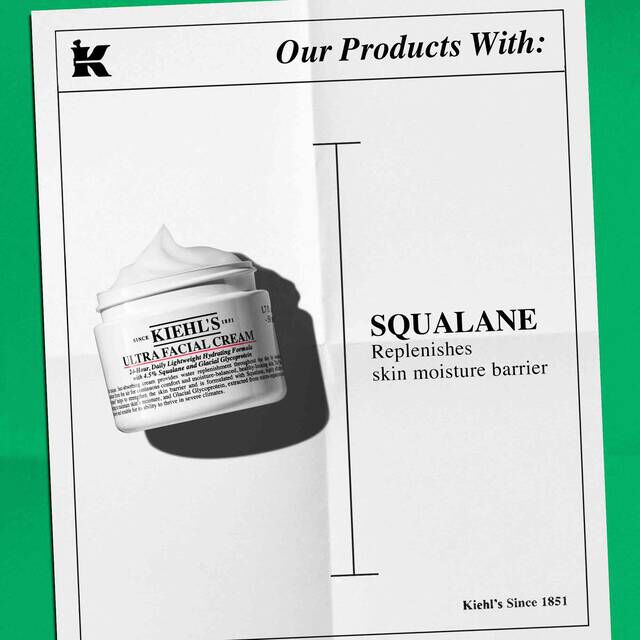Kiehl's Ultra Facial Cream, highlighting Squalane as a key ingredient that replenishes the skin moisture barrier.