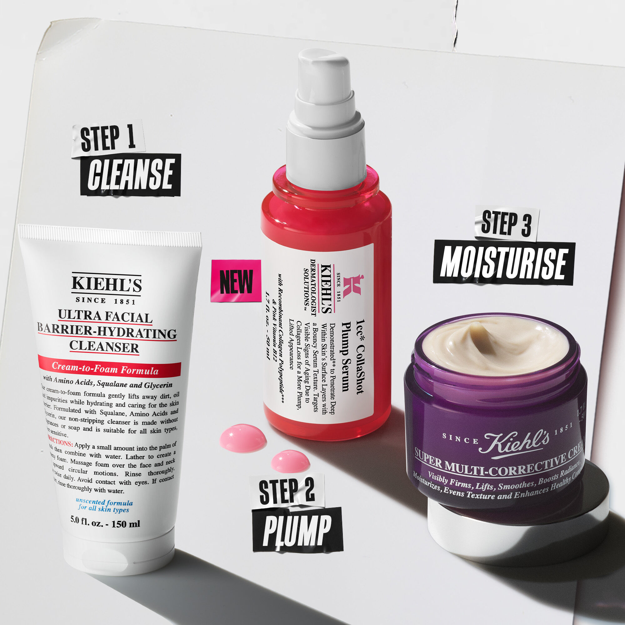 Informational graphic comparing collagen absorption: "Standard Collagen" only reaches the upper skin surface, while Kiehl’s "Supra-Liposomal Recombinant Collagen Polypeptides" features deeper delivery within skin surface layers via technology.​