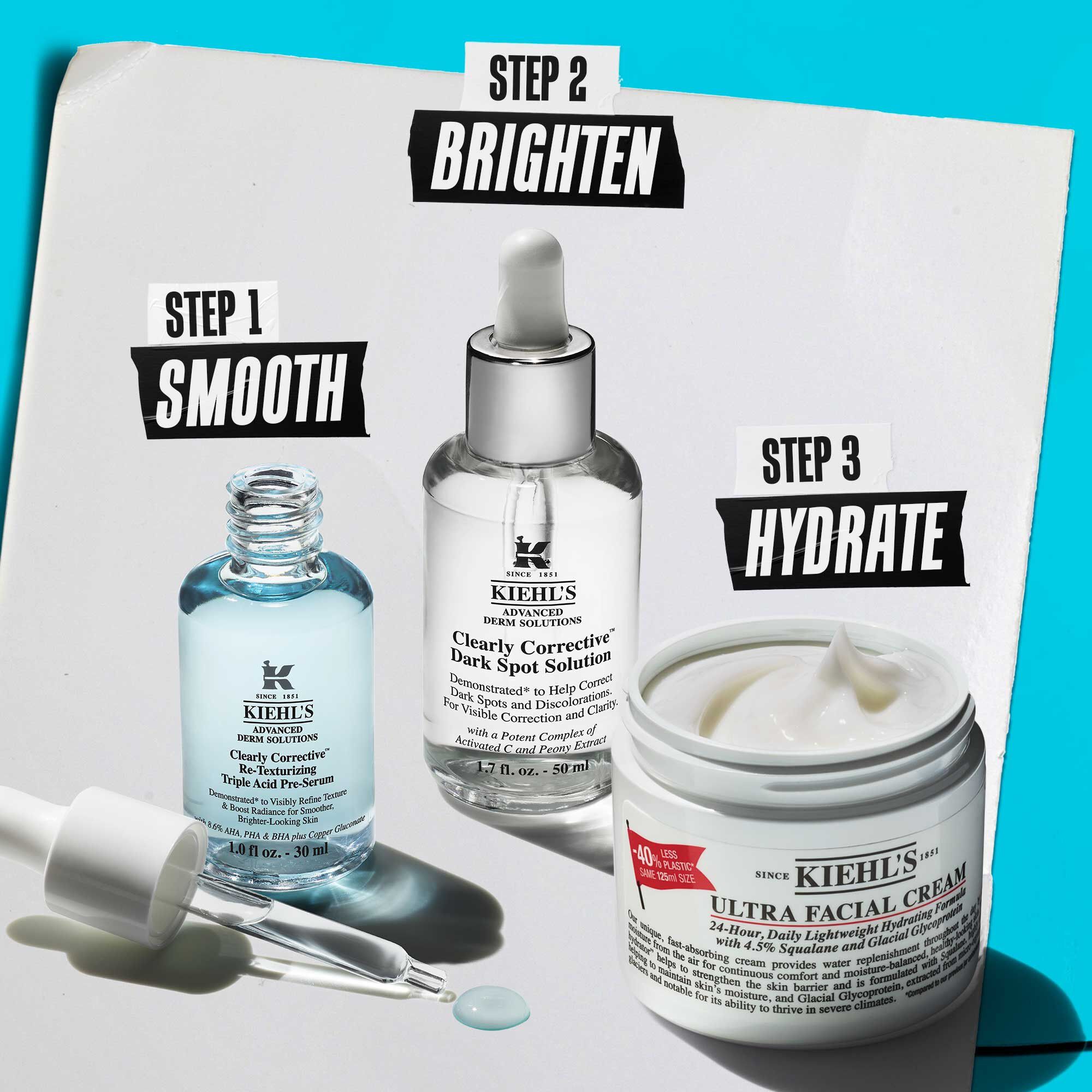 Three-step Kiehl’s routine with Clearly Corrective Triple Acid Peel, Dark Spot Solution serum, and Super Multi-Corrective Cream
