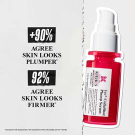 Three pink, translucent serum drops with the Kiehl's "K" logo and text highlighting "Visibly Plumper Skin" and deep penetration into skin surface layers.​