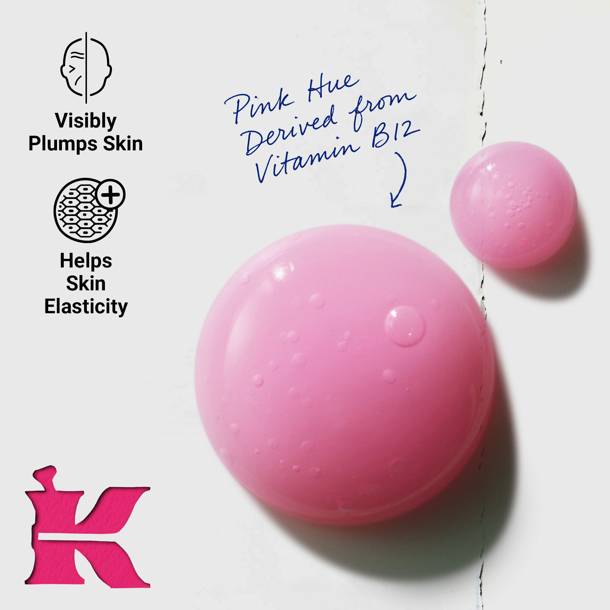 Close-up of a model's face with two pink serum drops on her cheek. Text reads: "VISIBLY PLUMPS SKIN & HELPS RESTORE DEFLATED CHEEKS."​