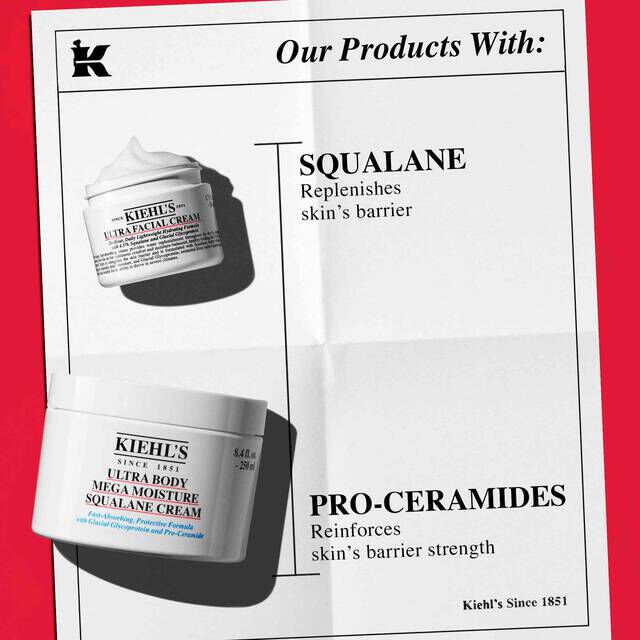 Kiehl's Ultra Facial Cream and Ultra Body Mega Moisture Squalane Cream, highlighting ingredients like Squalane for barrier replenishment and Pro-Ceramides for barrier strength.​  ​