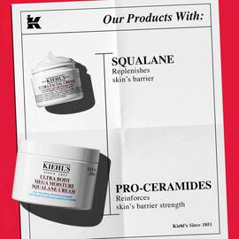 Kiehl's Ultra Facial Cream and Ultra Body Mega Moisture Squalane Cream, highlighting ingredients like Squalane for barrier replenishment and Pro-Ceramides for barrier strength.​  ​