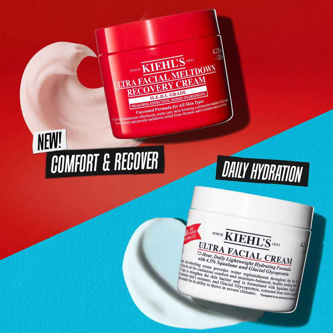 Kiehl’s Ultra Facial Meltdown Recovery Cream and Ultra Facial Cream shown together for comfort and daily hydration.
