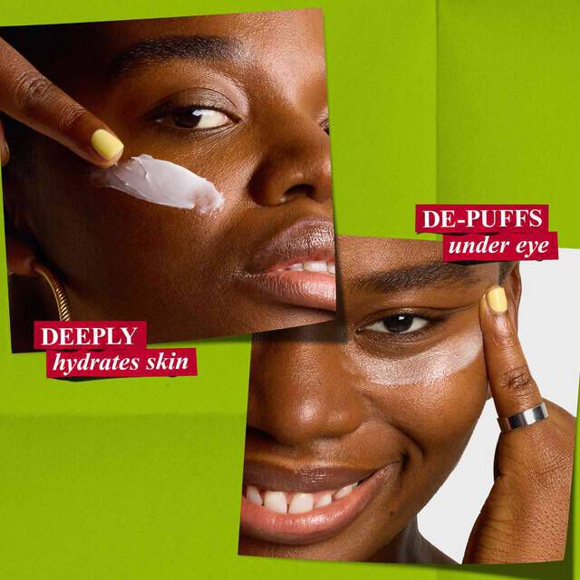  A woman applies a hydrating cream to her face, while another applies an under-eye cream to de-puff, showcasing Kiehl's skincare benefits.