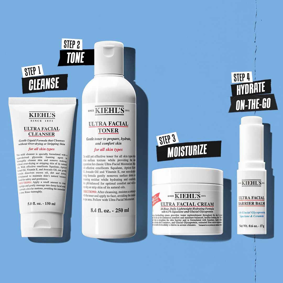 Kiehl’s hydrating skincare routine with Ultra Facial Cleanser, Toner, Cream and Barrier Balm on a blue background