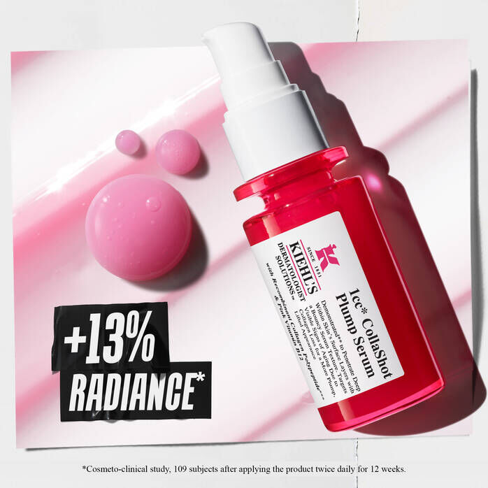 Three-step Kiehl’s skincare routine featuring red Hydro-Plumping Serum (Step 1: Plump), purple Super Multi- Corrective Cream (Step 2: Moisturize), and yellow Vitamin C Serum (Step 3: Correct & Protect). Includes product texture drops.​