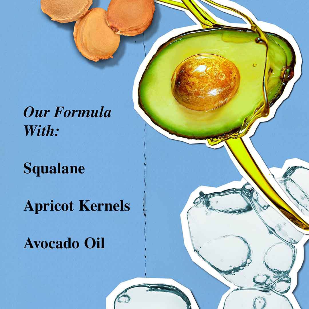 Illustration of Ultra Facial Cleanser ingredients including squalane, apricot kernels, avocado oil, and hydration bubbles.