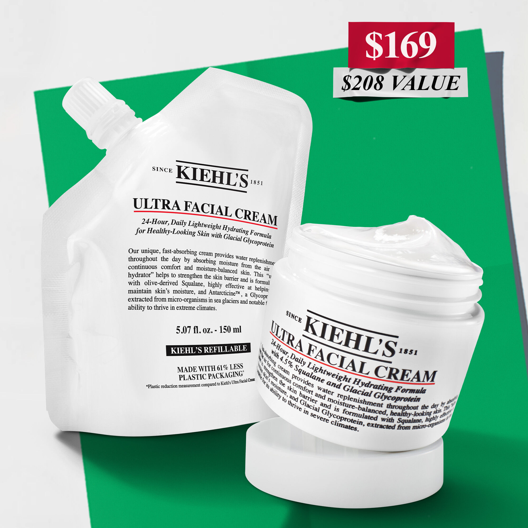 Kiehl's Ultra Facial Cream jar and refill pouch, recommended for strengthening skin barrier and providing 72-hour hydration.